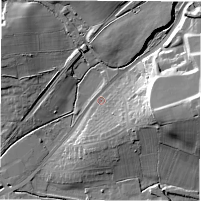 Shaded relief map of the ground around DE58NQ, computed from Environment Agency LiDAR. The ground here sits at about 76 m above sea level and falls 30 m across the surrounding 800 m. Surface water reaching this point runs off ground lying to the east, 24.6 m higher.