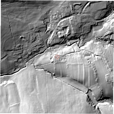 Shaded relief map of the ground around DE58PE, computed from Environment Agency LiDAR. The ground here sits at about 91 m above sea level and falls 30 m across the surrounding 800 m. Surface water reaching this point runs off ground lying to the east-south-east, 19.4 m higher.