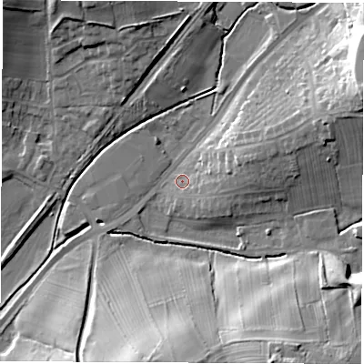 Shaded relief map of the ground around DE58RA, computed from Environment Agency LiDAR. The ground here sits at about 73 m above sea level and falls 28 m across the surrounding 800 m. Surface water reaching this point runs off ground lying to the east-south-east, 2.5 m higher.