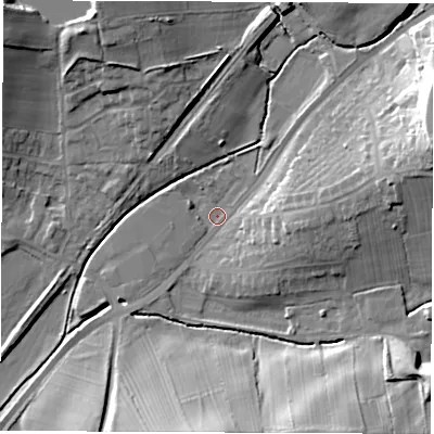 Shaded relief map of the ground around DE58RB, computed from Environment Agency LiDAR. The ground here sits at about 72 m above sea level and falls 28 m across the surrounding 800 m. Surface water reaching this point runs off ground lying to the east-north-east, 24.7 m higher.