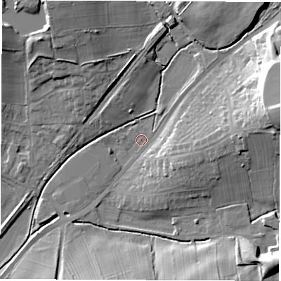 Shaded relief map of the ground around DE58RD, computed from Environment Agency LiDAR. The ground here sits at about 72 m above sea level and falls 29 m across the surrounding 800 m. Surface water reaching this point runs off ground lying to the east-north-east, 26.3 m higher.