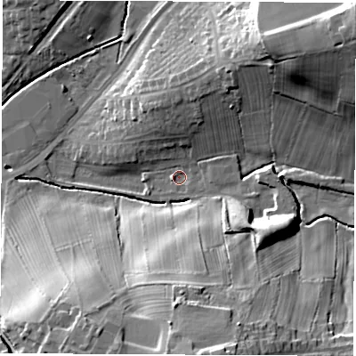 Shaded relief map of the ground around DE58RE, computed from Environment Agency LiDAR. The ground here sits at about 74 m above sea level and falls 32 m across the surrounding 800 m. Surface water reaching this point runs off ground lying to the north-east, 26.5 m higher.