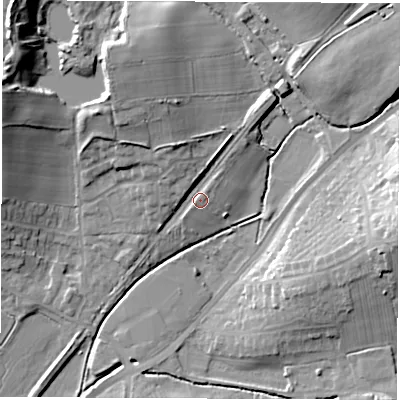 Shaded relief map of the ground around DE58RH, computed from Environment Agency LiDAR. The ground here sits at about 76 m above sea level and falls 26 m across the surrounding 800 m. Surface water reaching this point runs off ground lying to the north-north-west, 7.3 m higher.