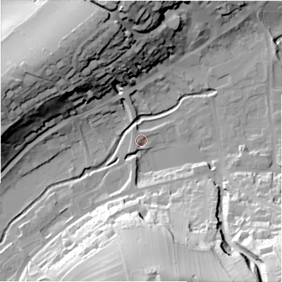 Shaded relief map of the ground around DE61AA, computed from Environment Agency LiDAR. The ground here sits at about 120 m above sea level and falls 55 m across the surrounding 800 m. Surface water reaching this point runs off ground lying to the north-north-west, 2.9 m higher.