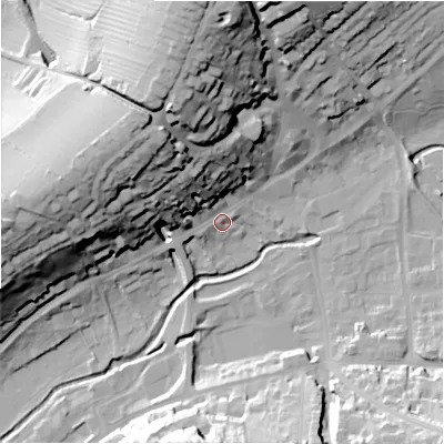Shaded relief map of the ground around DE61AE, computed from Environment Agency LiDAR. The ground here sits at about 122 m above sea level and falls 46 m across the surrounding 800 m. Surface water reaching this point runs off ground lying to the north-west, 30.1 m higher.