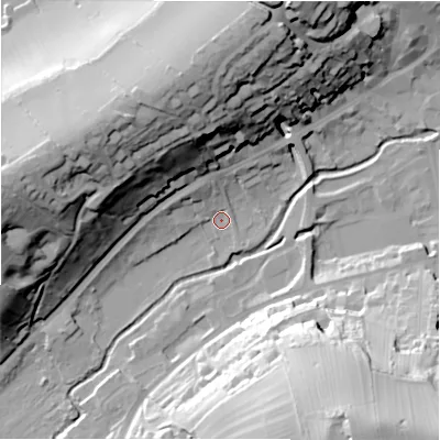 Shaded relief map of the ground around DE61AN, computed from Environment Agency LiDAR. The ground here sits at about 118 m above sea level and falls 52 m across the surrounding 800 m. Surface water reaching this point runs off ground lying to the north-north-west, 33.1 m higher.