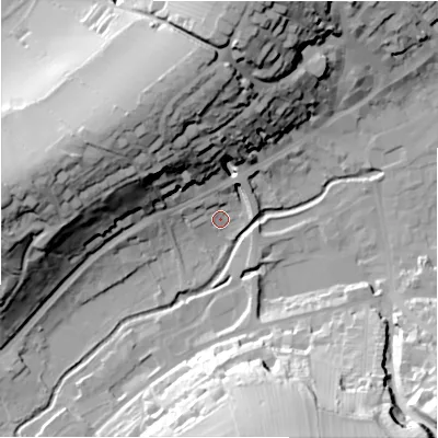 Shaded relief map of the ground around DE61AQ, computed from Environment Agency LiDAR. The ground here sits at about 119 m above sea level and falls 45 m across the surrounding 800 m. Surface water reaching this point runs off ground lying to the north, 34.8 m higher.