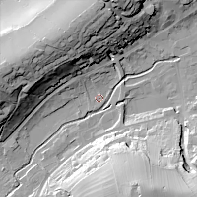 Shaded relief map of the ground around DE61AW, computed from Environment Agency LiDAR. The ground here sits at about 118 m above sea level and falls 54 m across the surrounding 800 m. Surface water reaching this point runs off ground lying to the north-north-west, 34.3 m higher.