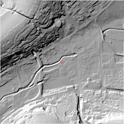 Shaded relief map of the ground around DE61BW, computed from Environment Agency LiDAR. The ground here sits at about 119 m above sea level and falls 50 m across the surrounding 800 m. Surface water reaching this point runs off ground lying to the south-east, 48.5 m higher.