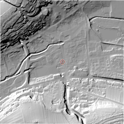 Shaded relief map of the ground around DE61BX, computed from Environment Agency LiDAR. The ground here sits at about 120 m above sea level and falls 59 m across the surrounding 800 m. Surface water reaching this point runs off ground lying to the south-south-east, 11.5 m higher.