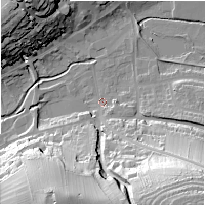 Shaded relief map of the ground around DE61DA, computed from Environment Agency LiDAR. The ground here sits at about 121 m above sea level and falls 61 m across the surrounding 800 m. Surface water reaching this point runs off ground lying to the south-south-east, 11.0 m higher.