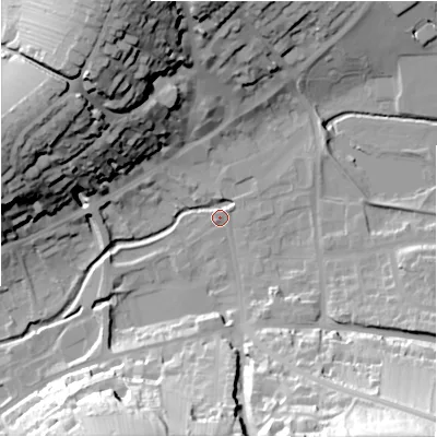 Shaded relief map of the ground around DE61DY, computed from Environment Agency LiDAR. The ground here sits at about 120 m above sea level and falls 47 m across the surrounding 800 m. Surface water reaching this point runs off ground lying to the south-east, 44.1 m higher.