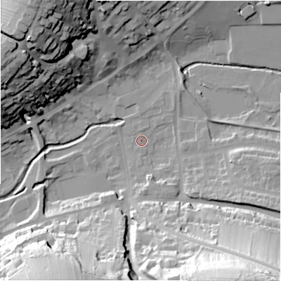 Shaded relief map of the ground around DE61DZ, computed from Environment Agency LiDAR. The ground here sits at about 120 m above sea level and falls 52 m across the surrounding 800 m. Surface water reaching this point runs off ground lying to the south-east, 49.0 m higher.