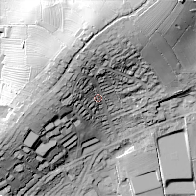 Shaded relief map of the ground around DE61EF, computed from Environment Agency LiDAR. The ground here sits at about 155 m above sea level and falls 59 m across the surrounding 800 m. Surface water reaching this point runs off ground lying to the north, 26.9 m higher.