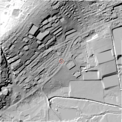Shaded relief map of the ground around DE61EJ, computed from Environment Agency LiDAR. The ground here sits at about 133 m above sea level and falls 53 m across the surrounding 800 m. Surface water reaching this point runs off ground lying to the north-west, 36.1 m higher.