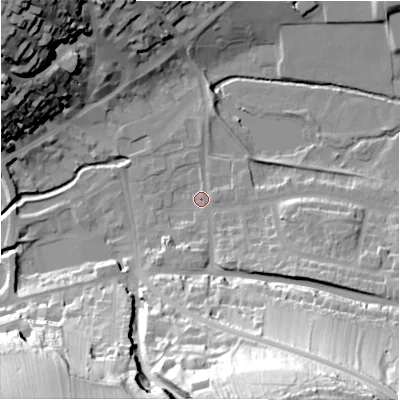 Shaded relief map of the ground around DE61FN, computed from Environment Agency LiDAR. The ground here sits at about 121 m above sea level and falls 54 m across the surrounding 800 m. Surface water reaching this point runs off ground lying to the south-south-east, 50.4 m higher.