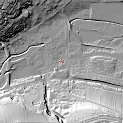 Shaded relief map of the ground around DE61FP, computed from Environment Agency LiDAR. The ground here sits at about 120 m above sea level and falls 58 m across the surrounding 800 m. Surface water reaching this point runs off ground lying to the south-south-east, 4.6 m higher.