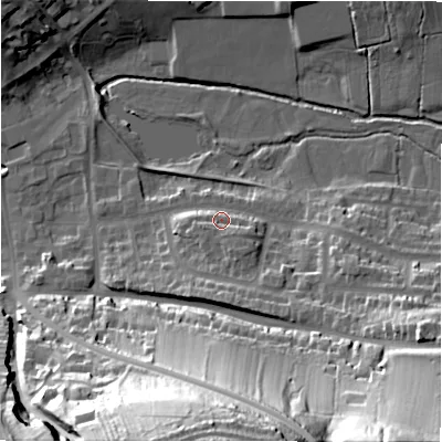 Shaded relief map of the ground around DE61GA, computed from Environment Agency LiDAR. The ground here sits at about 126 m above sea level and falls 55 m across the surrounding 800 m. Surface water reaching this point runs off ground lying to the south-east, 4.5 m higher.