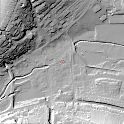 Shaded relief map of the ground around DE61GD, computed from Environment Agency LiDAR. The ground here sits at about 120 m above sea level and falls 45 m across the surrounding 800 m. Surface water reaching this point runs off ground lying to the north-east, 1.6 m higher.