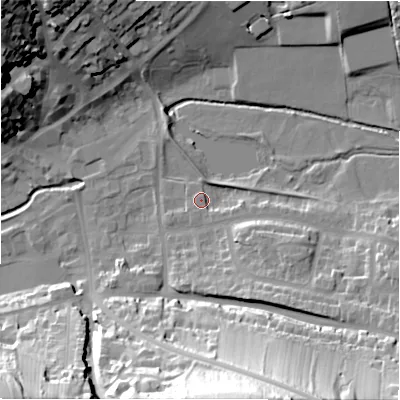 Shaded relief map of the ground around DE61GE, computed from Environment Agency LiDAR. The ground here sits at about 122 m above sea level and falls 47 m across the surrounding 800 m. Surface water reaching this point runs off ground lying to the south-east, 14.4 m higher.