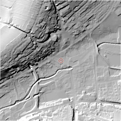 Shaded relief map of the ground around DE61GF, computed from Environment Agency LiDAR. The ground here sits at about 120 m above sea level and falls 46 m across the surrounding 800 m. Surface water reaching this point runs off ground lying to the north-north-west, 42.8 m higher.