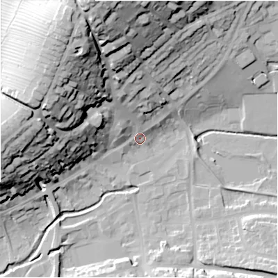 Shaded relief map of the ground around DE61GH, computed from Environment Agency LiDAR. The ground here sits at about 123 m above sea level and falls 50 m across the surrounding 800 m. Surface water reaching this point runs off ground lying to the north-north-west, 29.6 m higher.