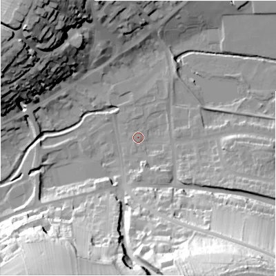 Shaded relief map of the ground around DE61GN, computed from Environment Agency LiDAR. The ground here sits at about 120 m above sea level and falls 54 m across the surrounding 800 m. Surface water reaching this point runs off ground lying to the south-east, 51.7 m higher.