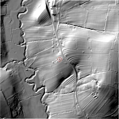 Shaded relief map of the ground around DE61LA, computed from Environment Agency LiDAR. The ground here sits at about 156 m above sea level and falls 78 m across the surrounding 800 m. Surface water reaching this point runs off ground lying to the east-north-east, 7.7 m higher.