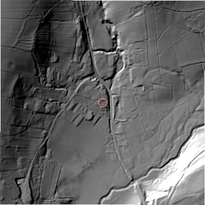 Shaded relief map of the ground around DE61LB, computed from Environment Agency LiDAR. The ground here sits at about 141 m above sea level and falls 74 m across the surrounding 800 m. Surface water reaching this point runs off ground lying to the west-north-west, 9.4 m higher.