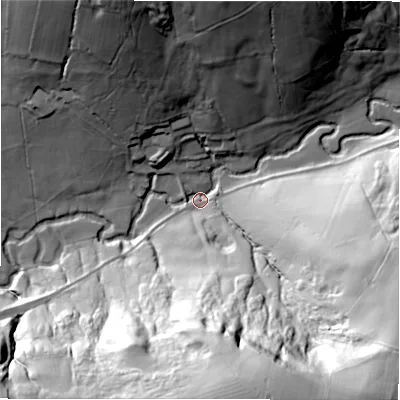 Shaded relief map of the ground around DE61LF, computed from Environment Agency LiDAR. The ground here sits at about 140 m above sea level and falls 95 m across the surrounding 800 m. Surface water reaching this point runs off ground lying to the south-east, 92.6 m higher.