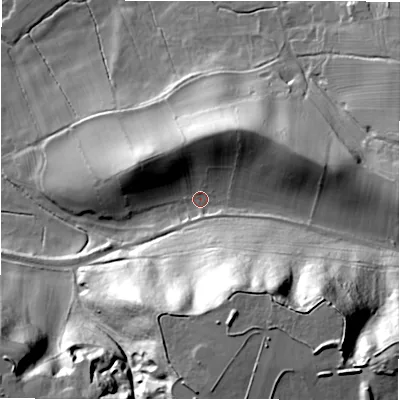 Shaded relief map of the ground around DE61LN, computed from Environment Agency LiDAR. The ground here sits at about 145 m above sea level and falls 68 m across the surrounding 800 m. Surface water reaching this point runs off ground lying to the east-north-east, 21.8 m higher.