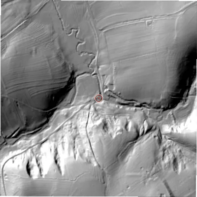 Shaded relief map of the ground around DE61NP, computed from Environment Agency LiDAR. The ground here sits at about 156 m above sea level and falls 60 m across the surrounding 800 m. Surface water reaching this point runs off ground lying to the south-south-east, 57.0 m higher.