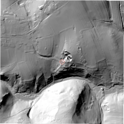 Shaded relief map of the ground around DE61PB, computed from Environment Agency LiDAR. The ground here sits at about 201 m above sea level and falls 89 m across the surrounding 800 m. Surface water reaching this point runs off ground lying to the north-east, 15.2 m higher.