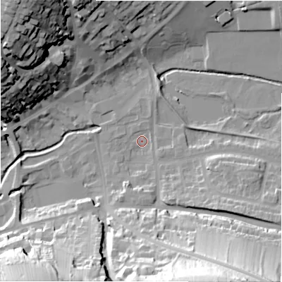 Shaded relief map of the ground around DE61PF, computed from Environment Agency LiDAR. The ground here sits at about 120 m above sea level and falls 49 m across the surrounding 800 m. Surface water reaching this point runs off ground lying to the south-south-east, 45.9 m higher.