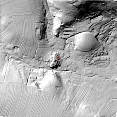 Shaded relief map of the ground around DE61QJ, computed from Environment Agency LiDAR. The ground here sits at about 191 m above sea level and falls 97 m across the surrounding 800 m. Surface water reaching this point runs off ground lying to the west, 12.9 m higher.
