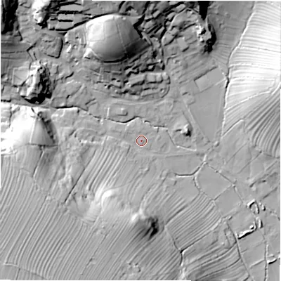 Shaded relief map of the ground around DE61QL, computed from Environment Agency LiDAR. The ground here sits at about 178 m above sea level and falls 51 m across the surrounding 800 m. Surface water reaching this point runs off ground lying to the south-west, 43.5 m higher.