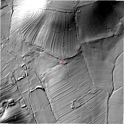 Shaded relief map of the ground around DE61QW, computed from Environment Agency LiDAR. The ground here sits at about 185 m above sea level and falls 50 m across the surrounding 800 m. Surface water reaching this point runs off ground lying to the north, 31.1 m higher.
