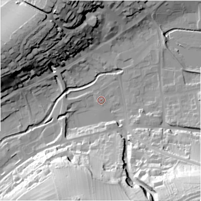 Shaded relief map of the ground around DE61TY, computed from Environment Agency LiDAR. The ground here sits at about 120 m above sea level and falls 57 m across the surrounding 800 m. Surface water reaching this point runs off ground lying to the south-east, 52.4 m higher.