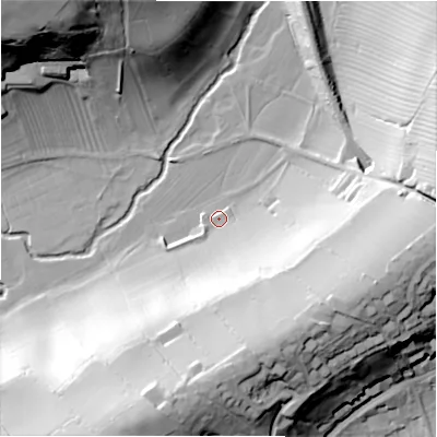Shaded relief map of the ground around DE62AA, computed from Environment Agency LiDAR. The ground here sits at about 120 m above sea level and falls 52 m across the surrounding 800 m. Surface water reaching this point runs off ground lying to the south-south-east, 33.7 m higher.
