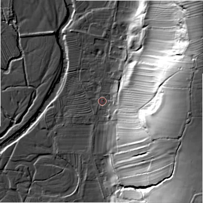 Shaded relief map of the ground around DE62AB, computed from Environment Agency LiDAR. The ground here sits at about 120 m above sea level and falls 65 m across the surrounding 800 m. Surface water reaching this point runs off ground lying to the east-north-east, 57.0 m higher.