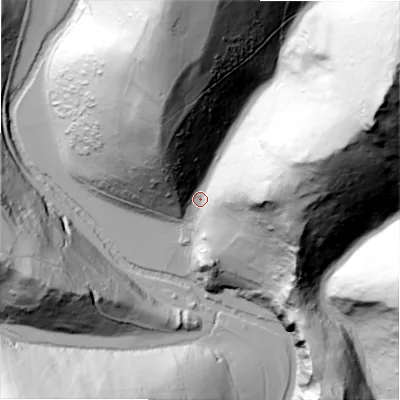 Shaded relief map of the ground around DE62AG, computed from Environment Agency LiDAR. The ground here sits at about 197 m above sea level and falls 144 m across the surrounding 800 m. Surface water reaching this point runs off ground lying to the east-north-east, 131.0 m higher.