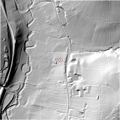 Shaded relief map of the ground around DE62AQ, computed from Environment Agency LiDAR. The ground here sits at about 132 m above sea level and falls 57 m across the surrounding 800 m. Surface water reaching this point runs off ground lying to the south-east, 4.8 m higher.