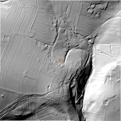 Shaded relief map of the ground around DE62AW, computed from Environment Agency LiDAR. The ground here sits at about 193 m above sea level and falls 73 m across the surrounding 800 m. Surface water reaching this point runs off ground lying to the south-west, 7.6 m higher.