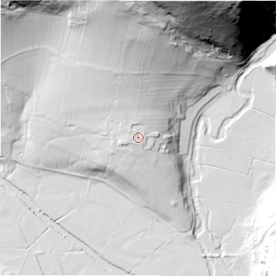 Shaded relief map of the ground around DE62AY, computed from Environment Agency LiDAR. The ground here sits at about 156 m above sea level and falls 123 m across the surrounding 800 m. Surface water reaching this point runs off ground lying to the north, 2.6 m higher.