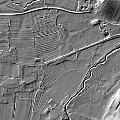 Shaded relief map of the ground around DE62BJ, computed from Environment Agency LiDAR. The ground here sits at about 112 m above sea level and falls 12 m across the surrounding 800 m. Surface water reaching this point runs off ground lying to the west, 1.1 m higher.