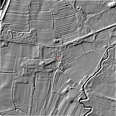 Shaded relief map of the ground around DE62BL, computed from Environment Agency LiDAR. The ground here sits at about 111 m above sea level and falls 8 m across the surrounding 800 m. Surface water reaching this point runs off ground lying to the north-east, 4.0 m higher.