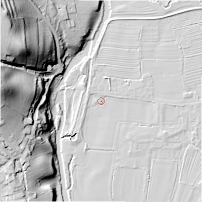 Shaded relief map of the ground around DE62BN, computed from Environment Agency LiDAR. The ground here sits at about 111 m above sea level and falls 59 m across the surrounding 800 m. Surface water reaching this point runs off ground lying to the north-east, 1.3 m higher.