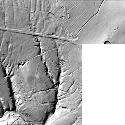 Shaded relief map of the ground around DE62BW, computed from Environment Agency LiDAR. The ground here sits at about 280 m above sea level and falls 47 m across the surrounding 800 m. Surface water reaching this point runs off ground lying to the north-west, 20.9 m higher.