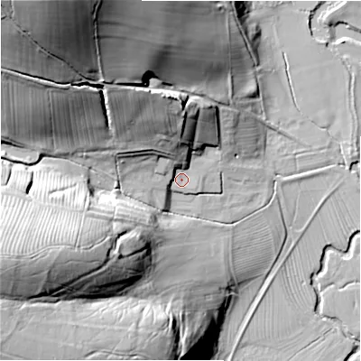 Shaded relief map of the ground around DE62DE, computed from Environment Agency LiDAR. The ground here sits at about 127 m above sea level and falls 67 m across the surrounding 800 m. Surface water reaching this point runs off ground lying to the north-west, 21.6 m higher.