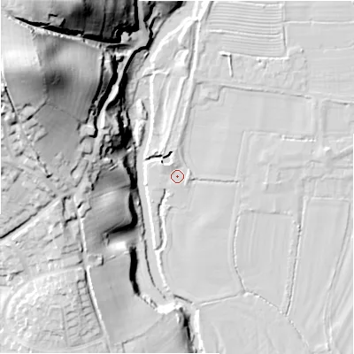 Shaded relief map of the ground around DE62EA, computed from Environment Agency LiDAR. The ground here sits at about 110 m above sea level and falls 54 m across the surrounding 800 m. Surface water reaching this point runs off ground lying to the north-west, 1.5 m higher.